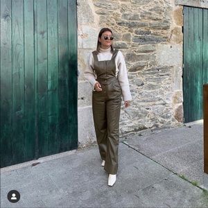 Zara Green Faux Leather Sleeveless Straight Leg  Jumpsuit